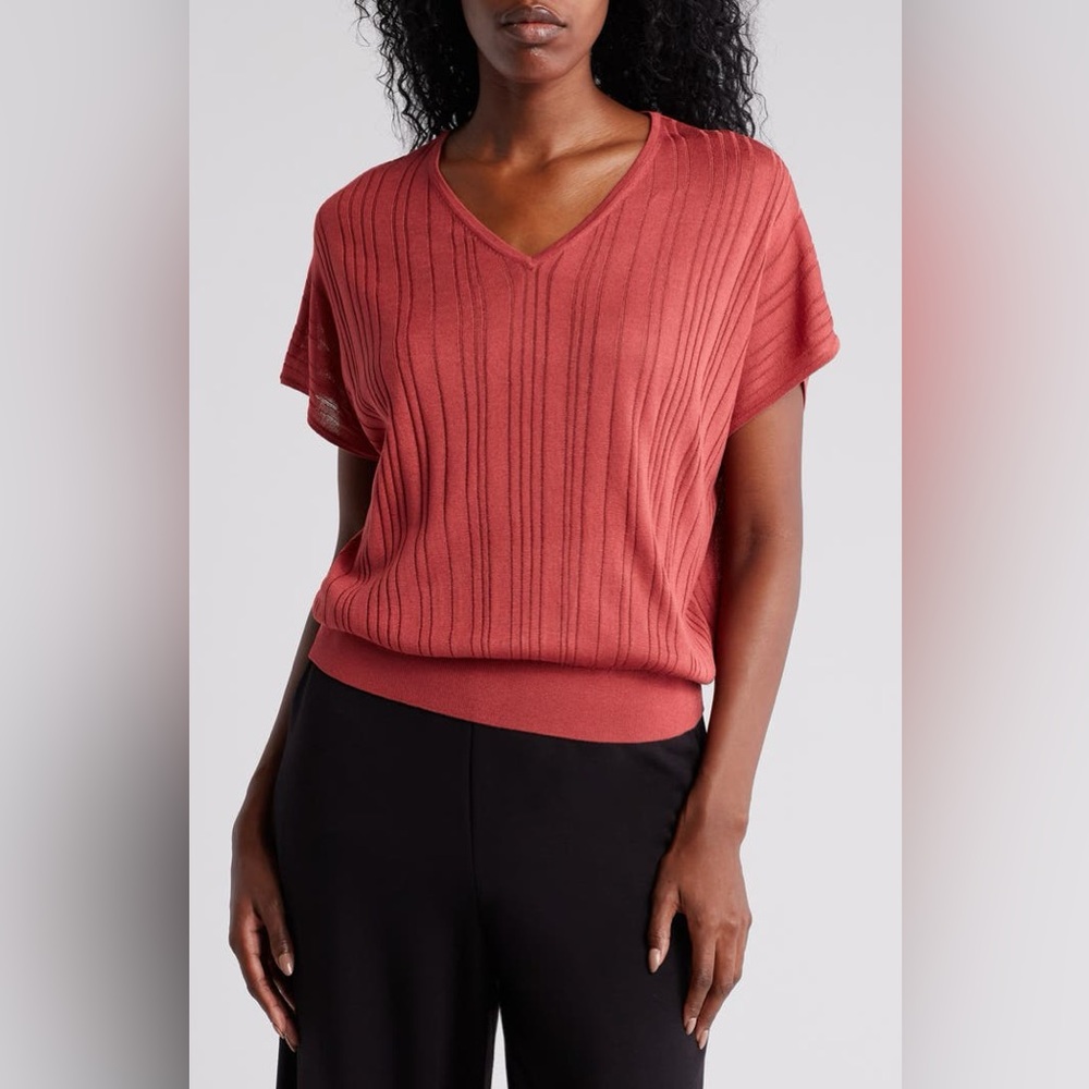 NEW Adrianna Papell Lightweight V-neck Vertical Rib Short Sleeve Sweater in Rose